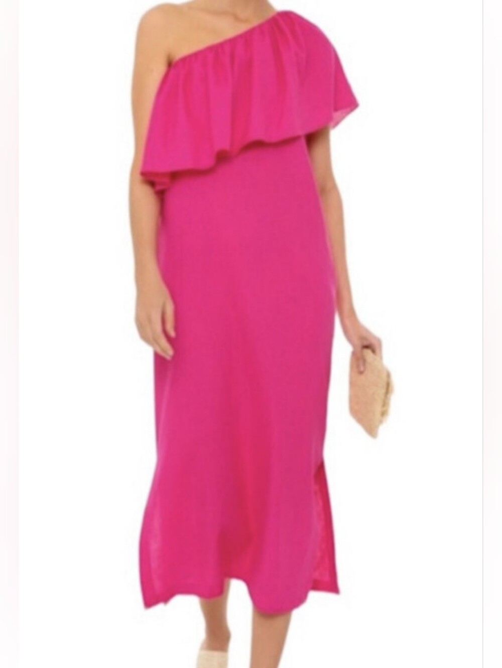 Pomander Place One-Shoulder Ruffle Midi Dress in Hot Pink